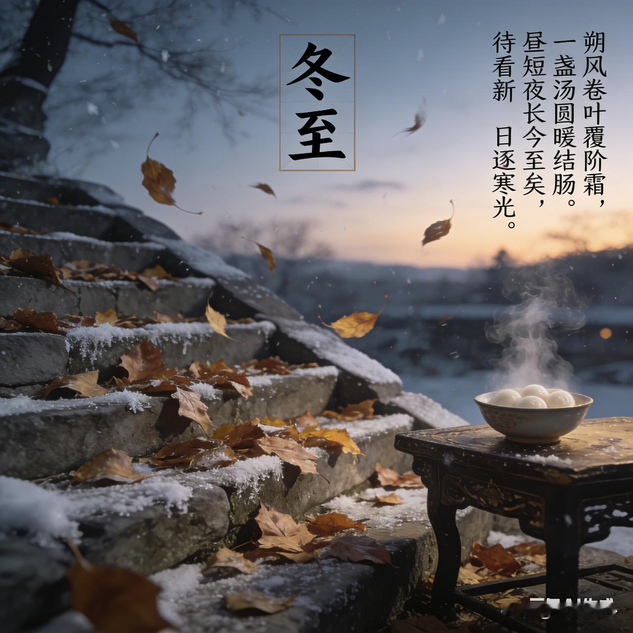 《冬至》乐韵诗心原创诗词:
朔风卷叶覆阶霜，
一盏汤圆暖结肠。
昼短夜长今至矣，