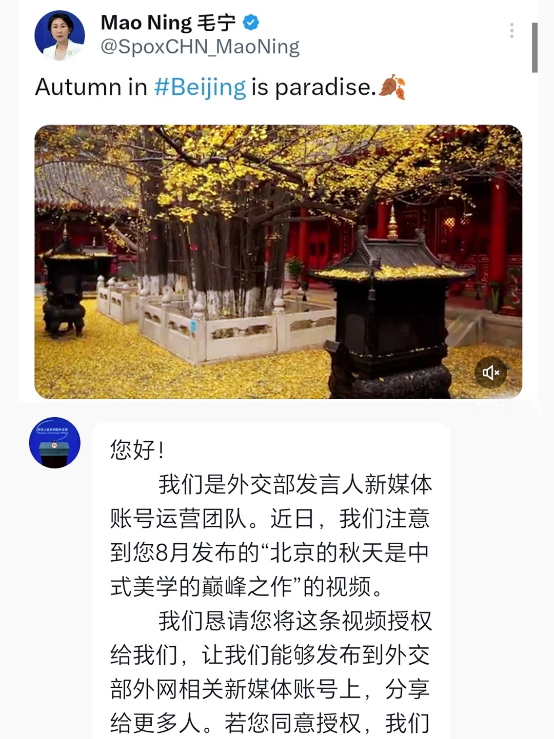 出息了，中国外交部转发我拍的北京秋天‼️