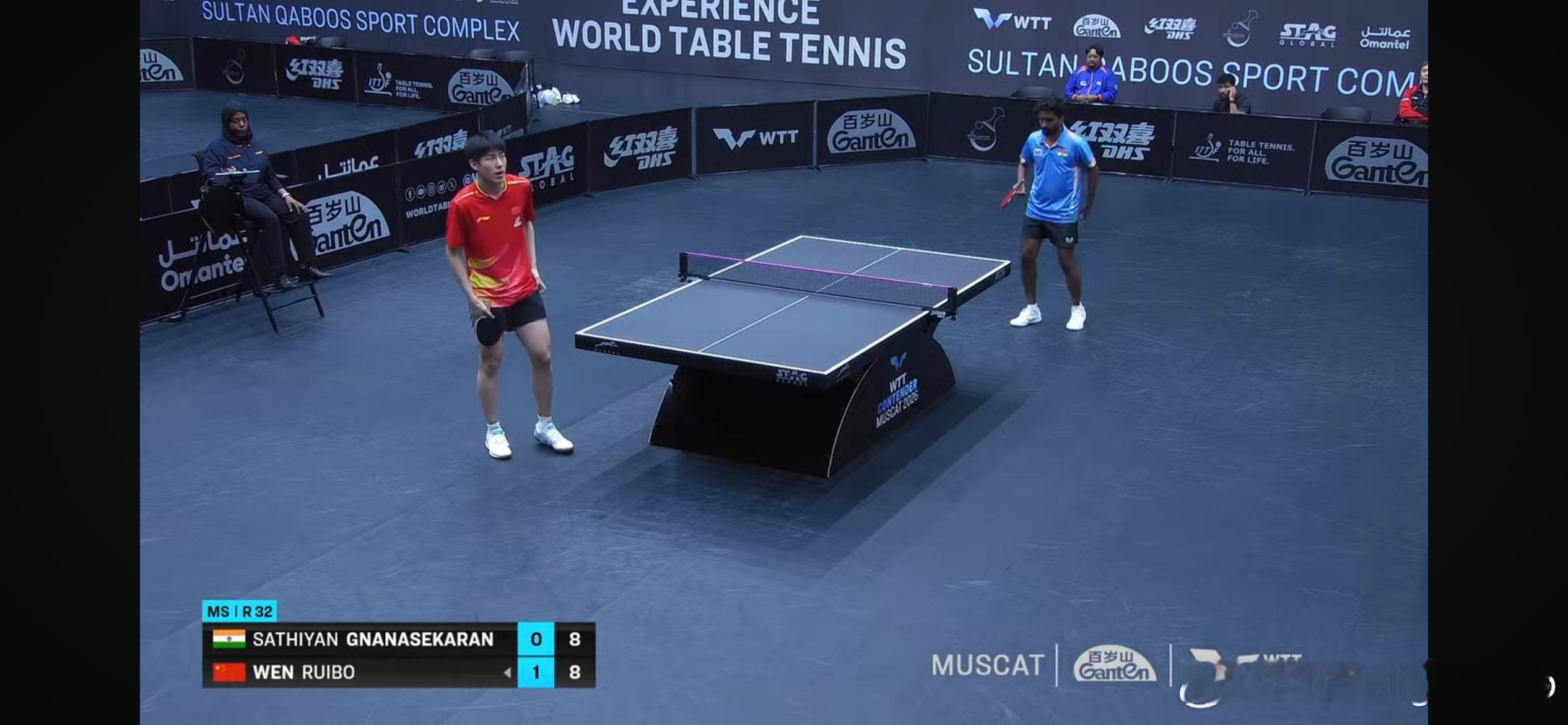 WTT常规挑战赛马斯喀特站2026 男单1/16决赛：🇨🇳温瑞博3比0沙提安