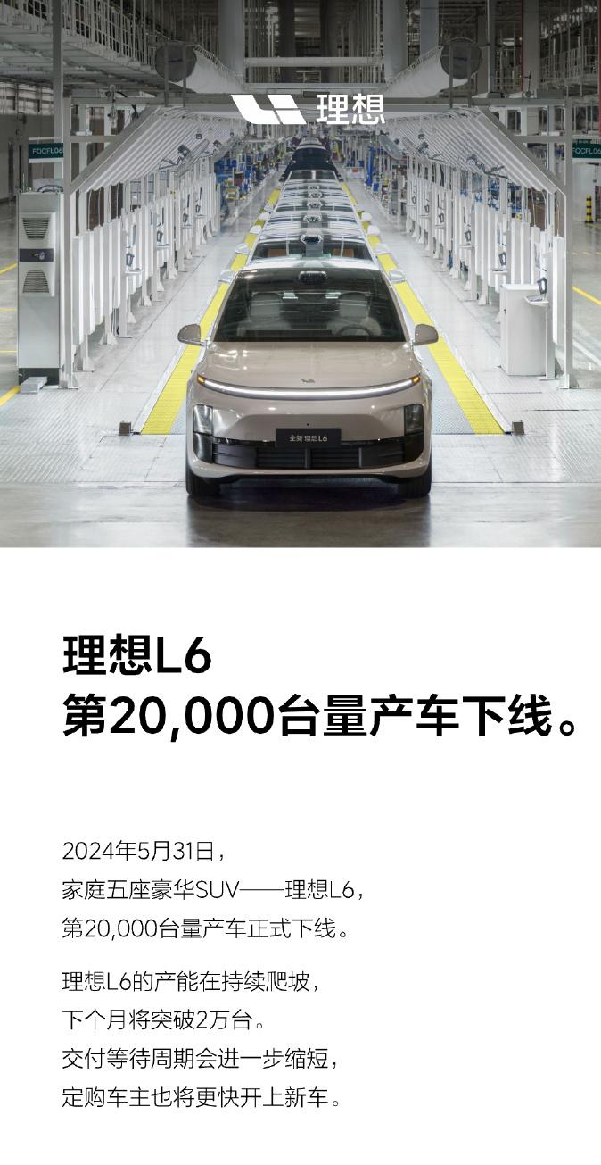 理想L6第2万台车下线[惊呆]
感觉理想L6才上市没多久。
就下线2万台了，看来