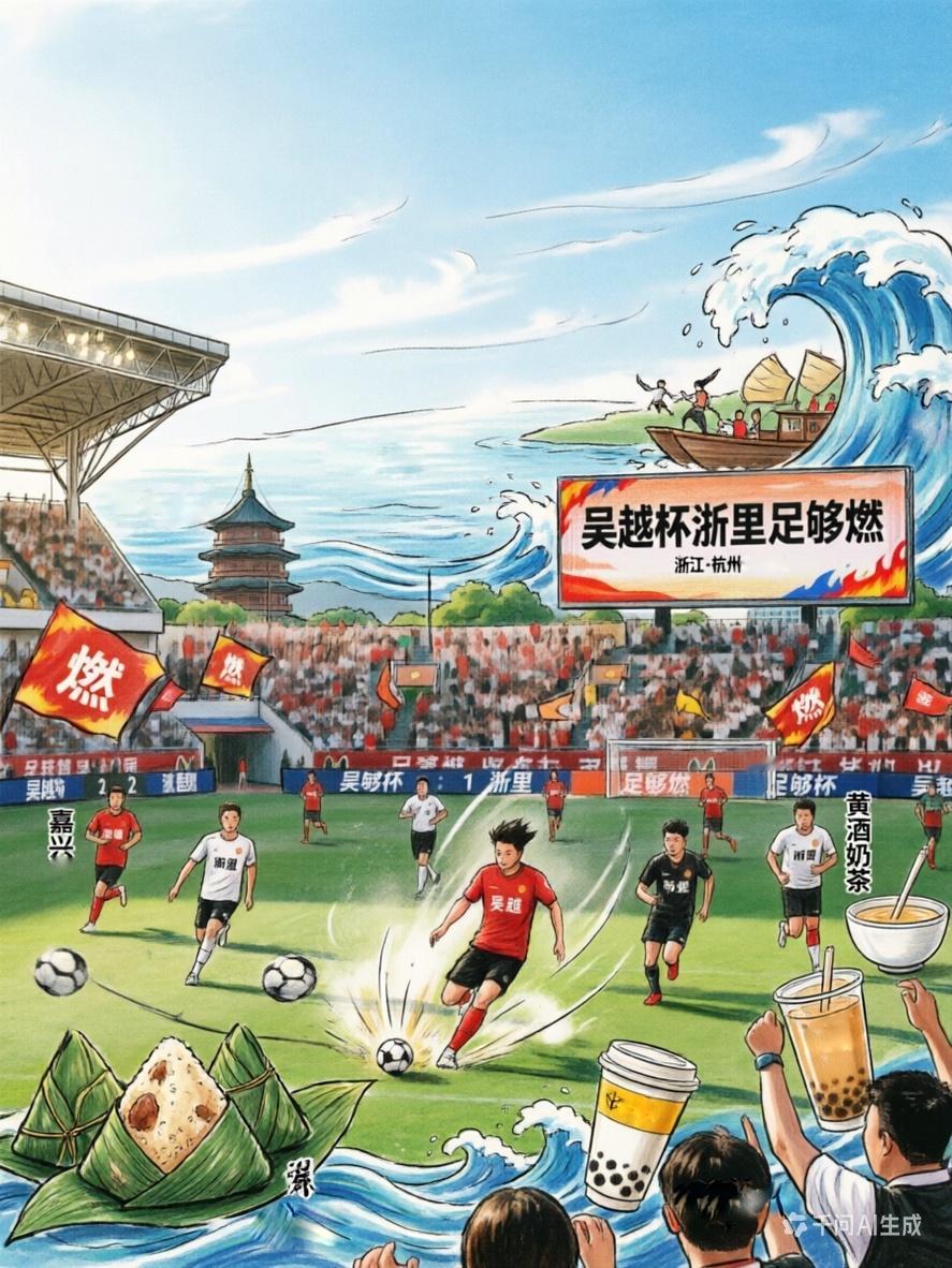 吴越杯浙里足够燃当西湖的柔波遇见球场的激情，当嘉兴肉粽的香气混着草坪的清新——这
