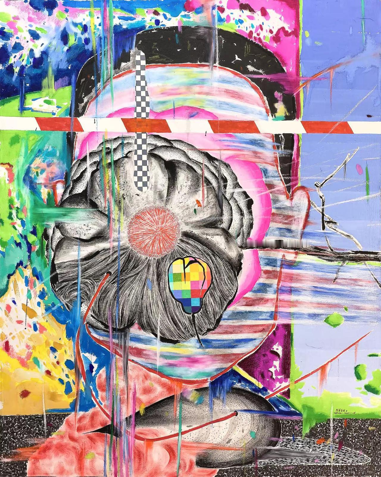 卢守辉作品《照见自我》照见自我3，皮纸、墨、国画颜料、油画棒，120×97cm，