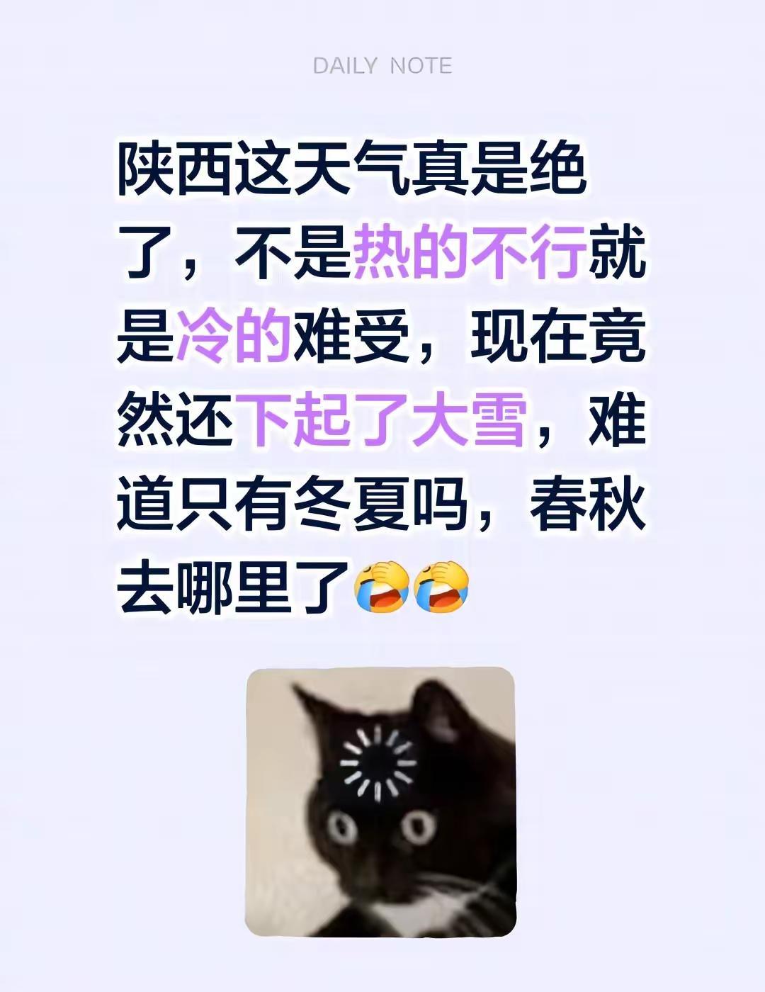 陕西这天气真是绝了，不是热的不行就是冷的难受，现在竟然还下起了大雪，难道只有冬夏