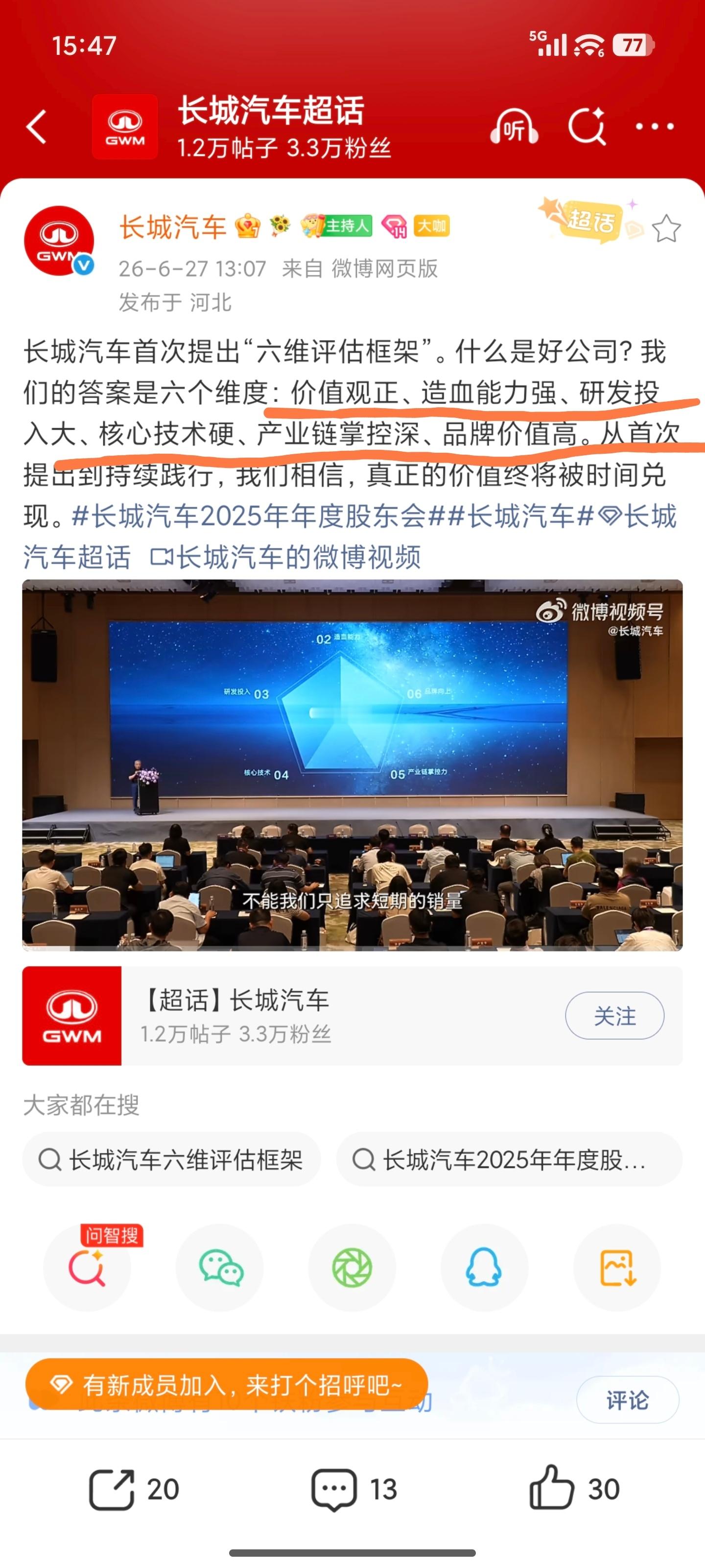 长城汽车提出六个维度：价值观正、造血能力强、研发投入大、核心技术硬、产业链掌控深