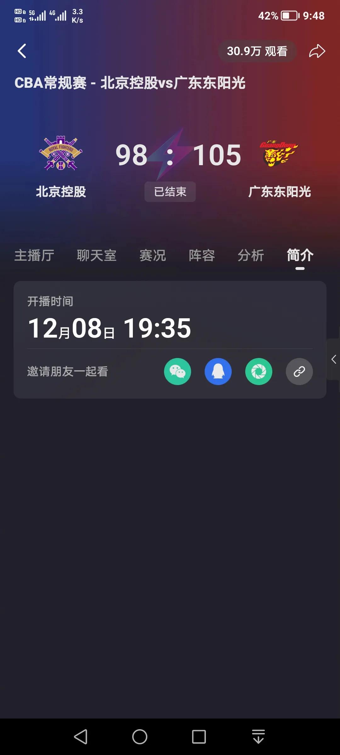 2024年12月8日，CBA常规赛广东东阳光客场105-98击败北京控股，加油广