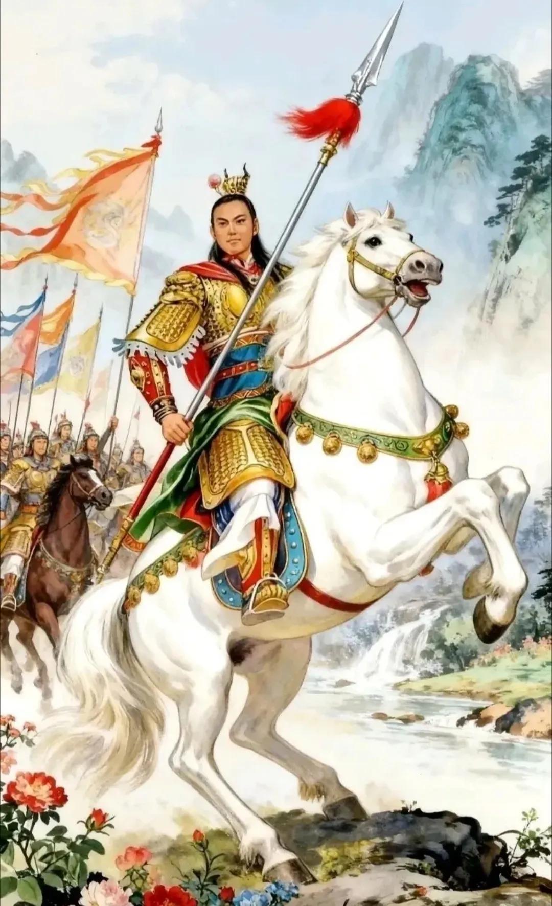 这位古代英雄人物，骑着白马，手持长矛，威风凛凛地带领着队伍冲锋陷阵！所向披靡无人