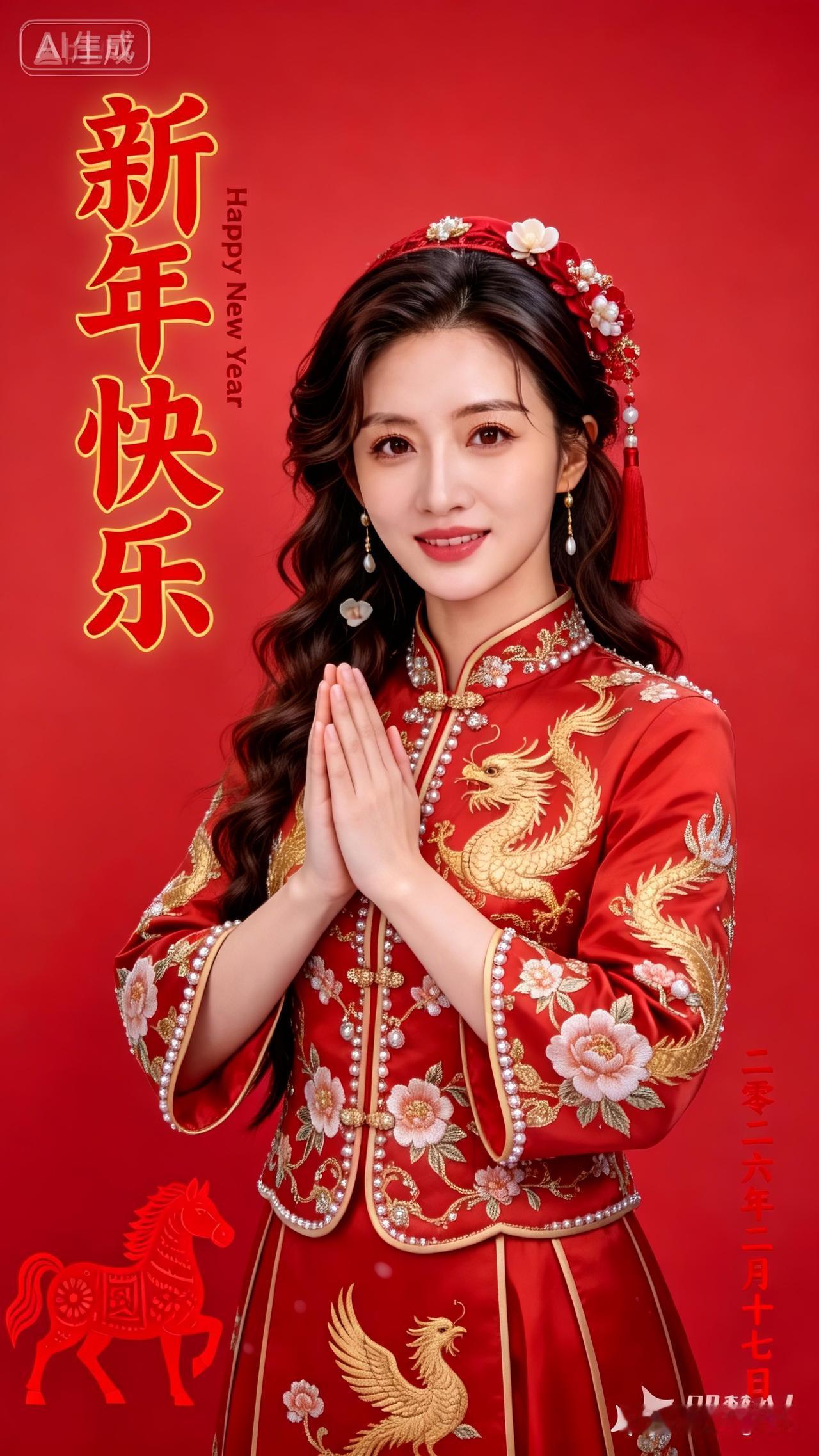 新年快乐！红衣美人拜年，愿你虎年吉祥如意！🐯💐🎉