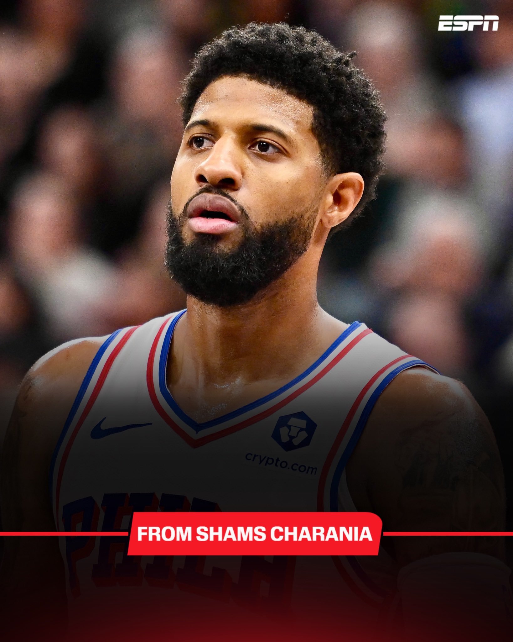 ESPN记者Shams：费城76人队前锋保罗·乔治有望在今日主场对阵老东家洛杉矶