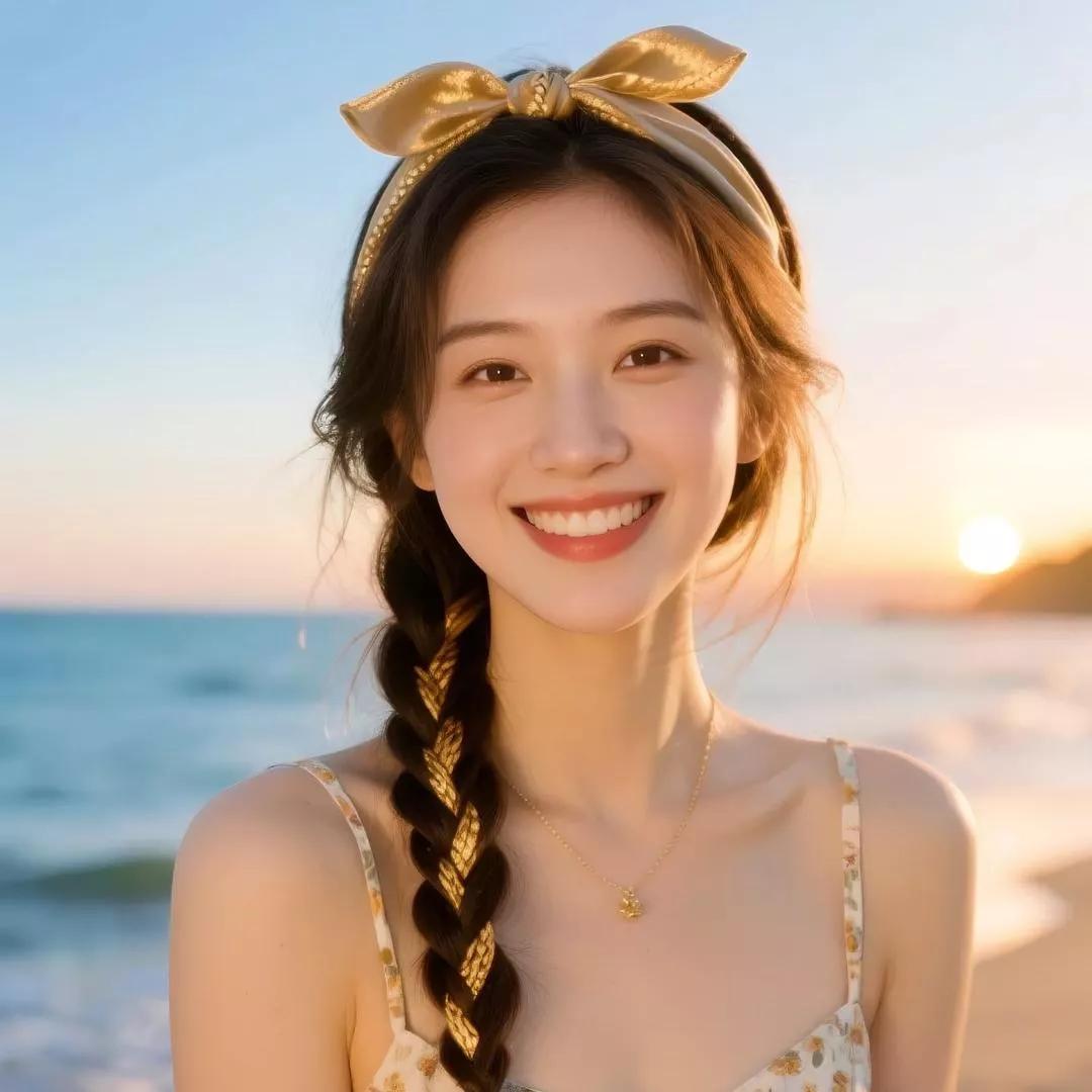 海边的金色少女，笑容灿烂，阳光灿烂！少女的笑容 海边花海少女 海边活力少女 海边