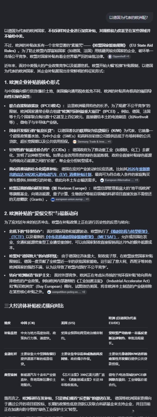 Gemini：东大、美国、欧洲政府对企业的补贴政策对比 ​​​