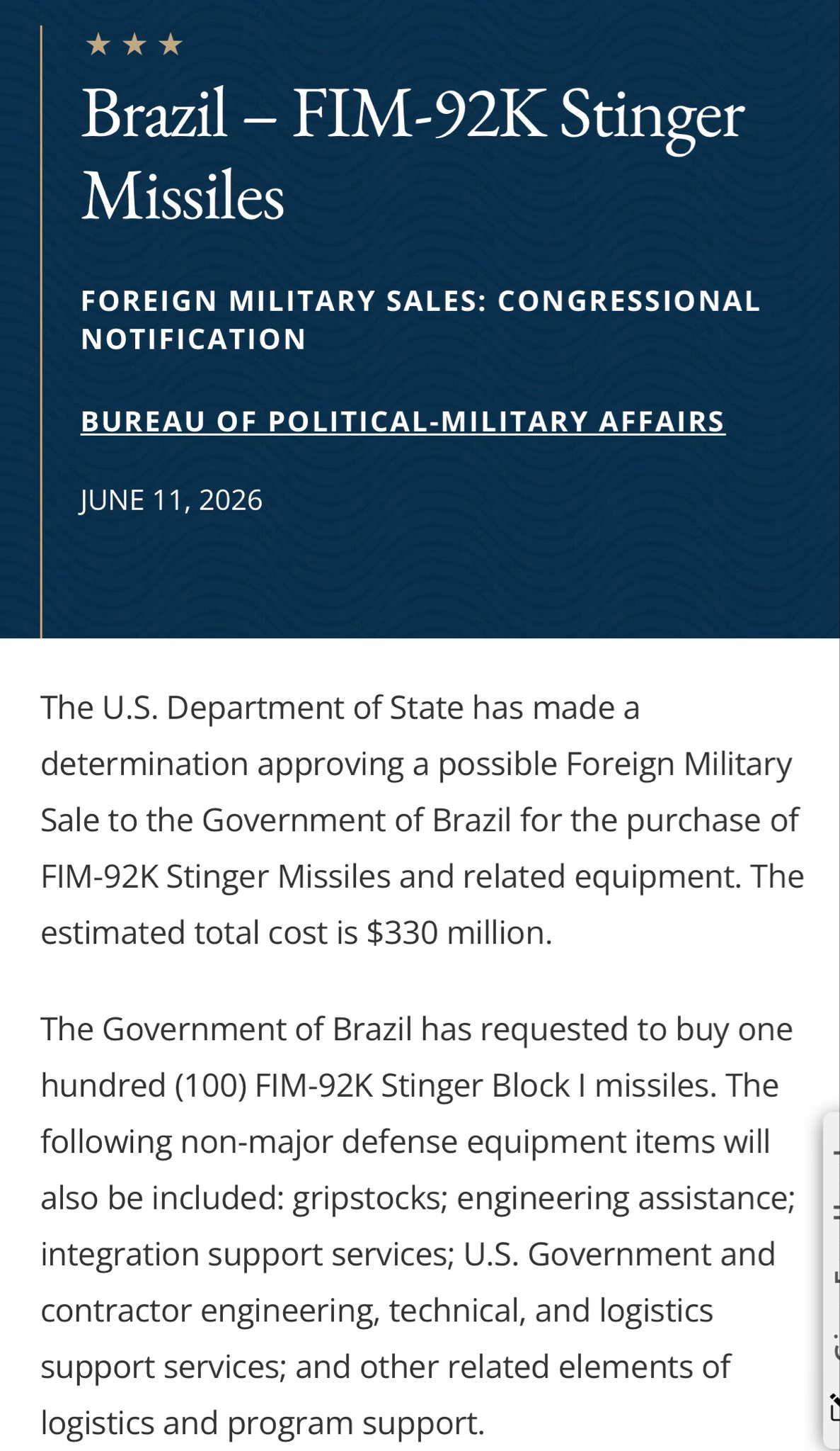 烽火问鼎计划  美国国务院已做出决定，批准向巴西政府出售 FIM-92K “毒刺
