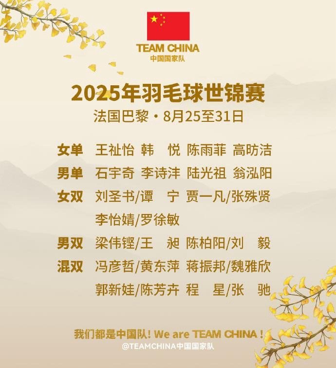 【#国羽26人参加巴黎世锦赛#】#国羽26人出征巴黎# 8月22日，中国羽毛球队