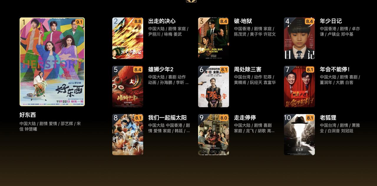 2024年国产电影口碑前十名单出炉！

正在热映的电影《好东西》以9.1分的成绩