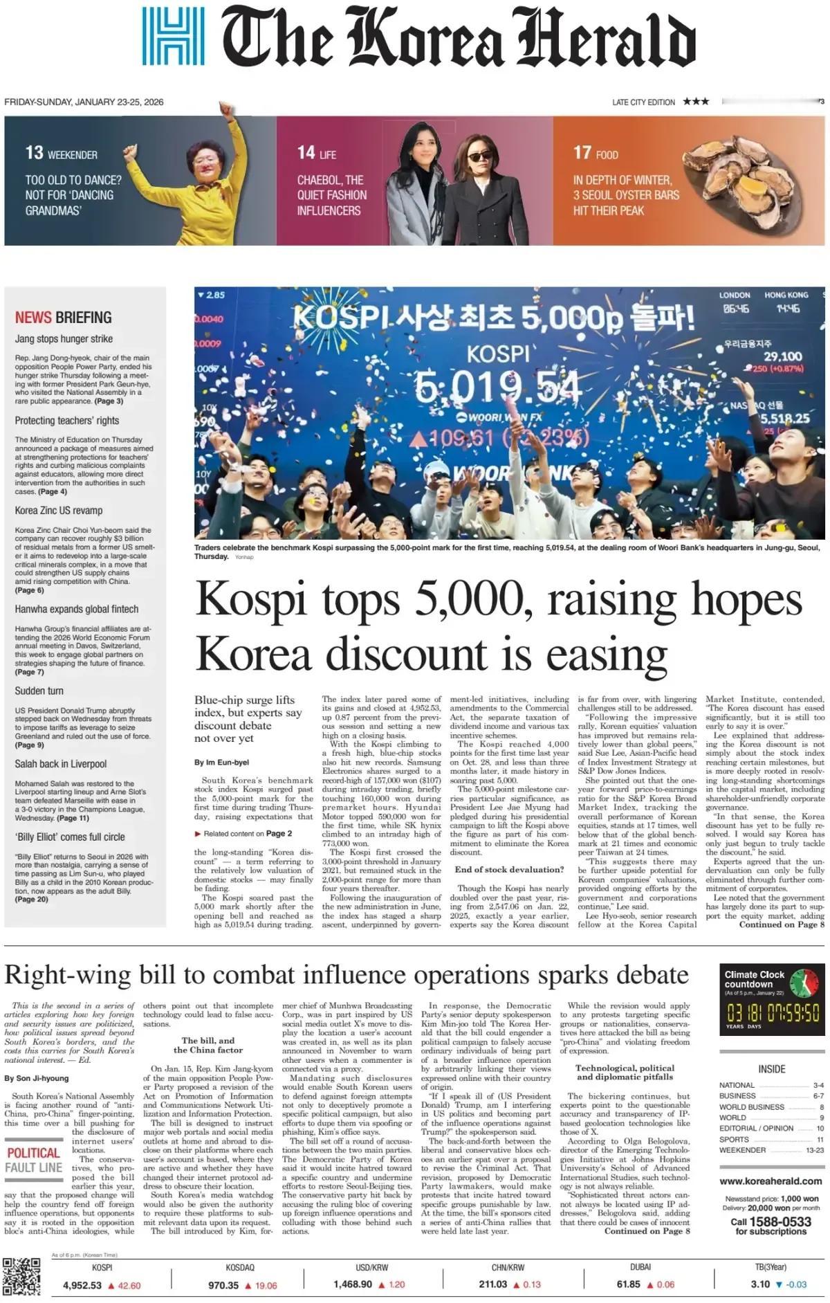 《韩国先驱报》头版报道称，韩国综合股价指数（Kospi）突破5000点，燃起韩国