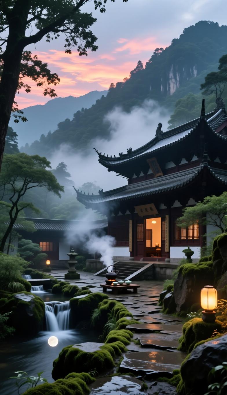 山寺观心
 
空山寂寂绝尘哗，古殿青烟绕落霞。
石径苔深无客迹，清泉月冷煮禅茶。