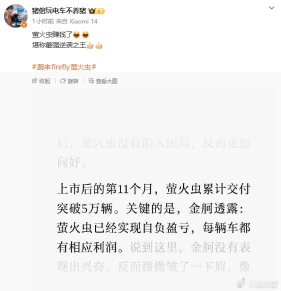萤火虫实现自负盈亏，每辆车都有相应利润这个成绩算不错了吧 
