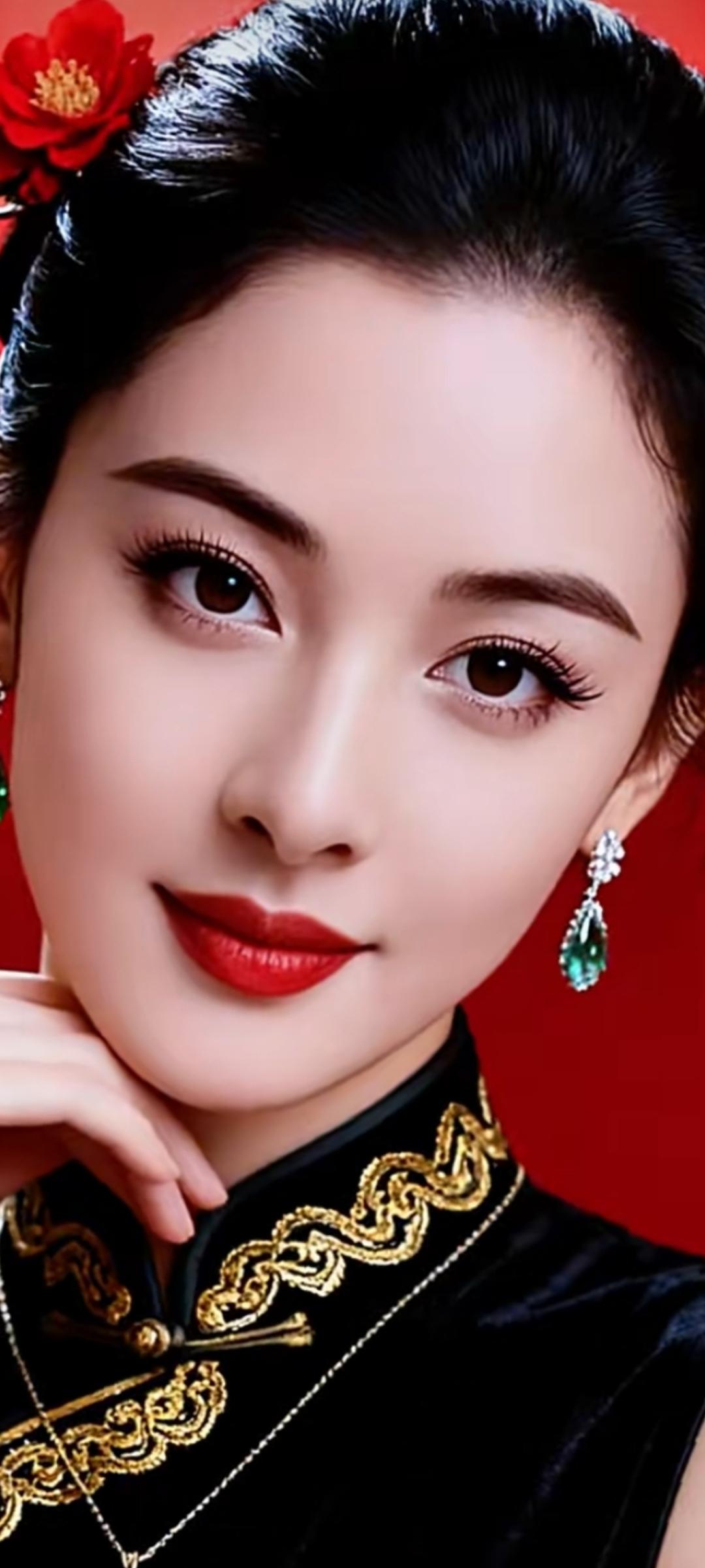 惊艳的东方美人，红妆与黑衣的完美结合，尽显古典韵味！🌸💄👗
