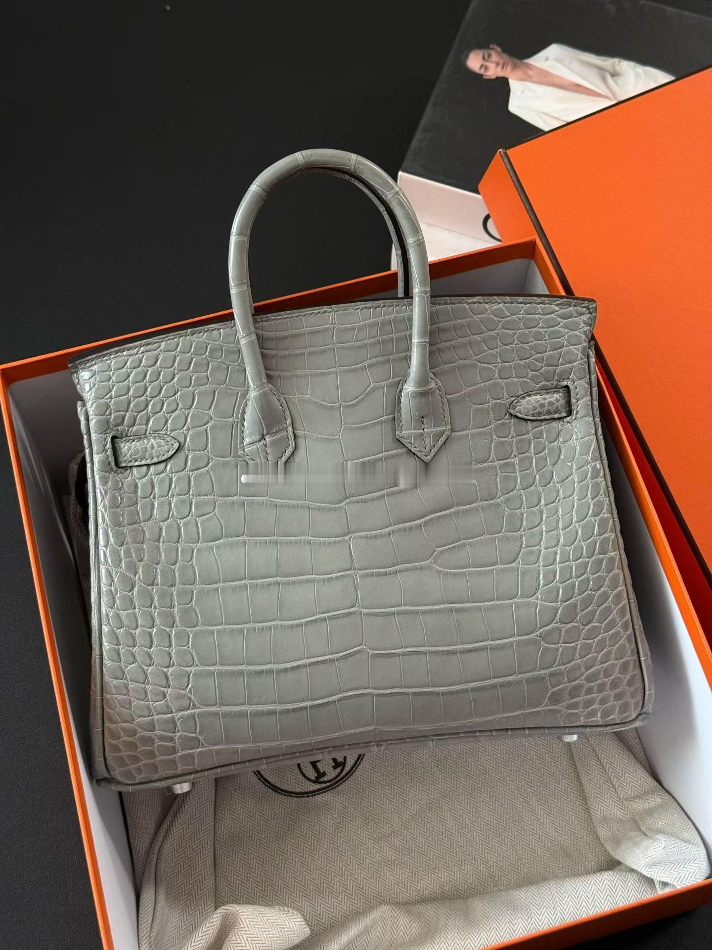 Birkin 25cm 方块美洲鳄 0V水晶灰 