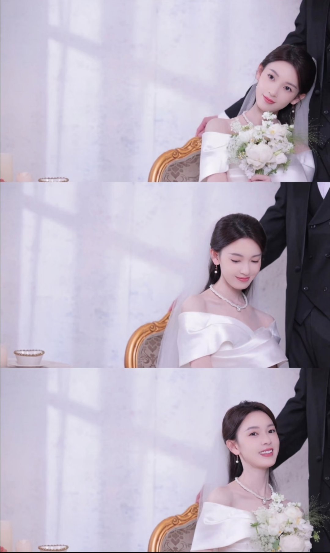 穿婚纱的陈瑶洁白的婚纱👰‍♀️手捧着鲜花💐美丽得像童话📖 ​​​