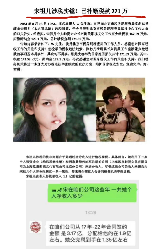 宋祖儿的税务事件有最新进展了一共的涉案金额是271万左右，而且差不多一半还是滞纳