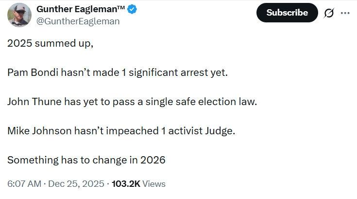 2025年的现实总结：

帕姆·邦迪至今还没有进行过一次有分量的逮捕。

约翰·