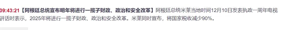 阿根廷感觉要疯啦，明年一下子减税90%，感觉这不是正常人干得事，一下子减少那么多