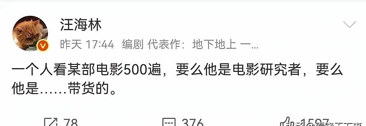 汪海林直言：“如果一个人看某部电影超过500遍，要么他是电影研究者，要么他是……