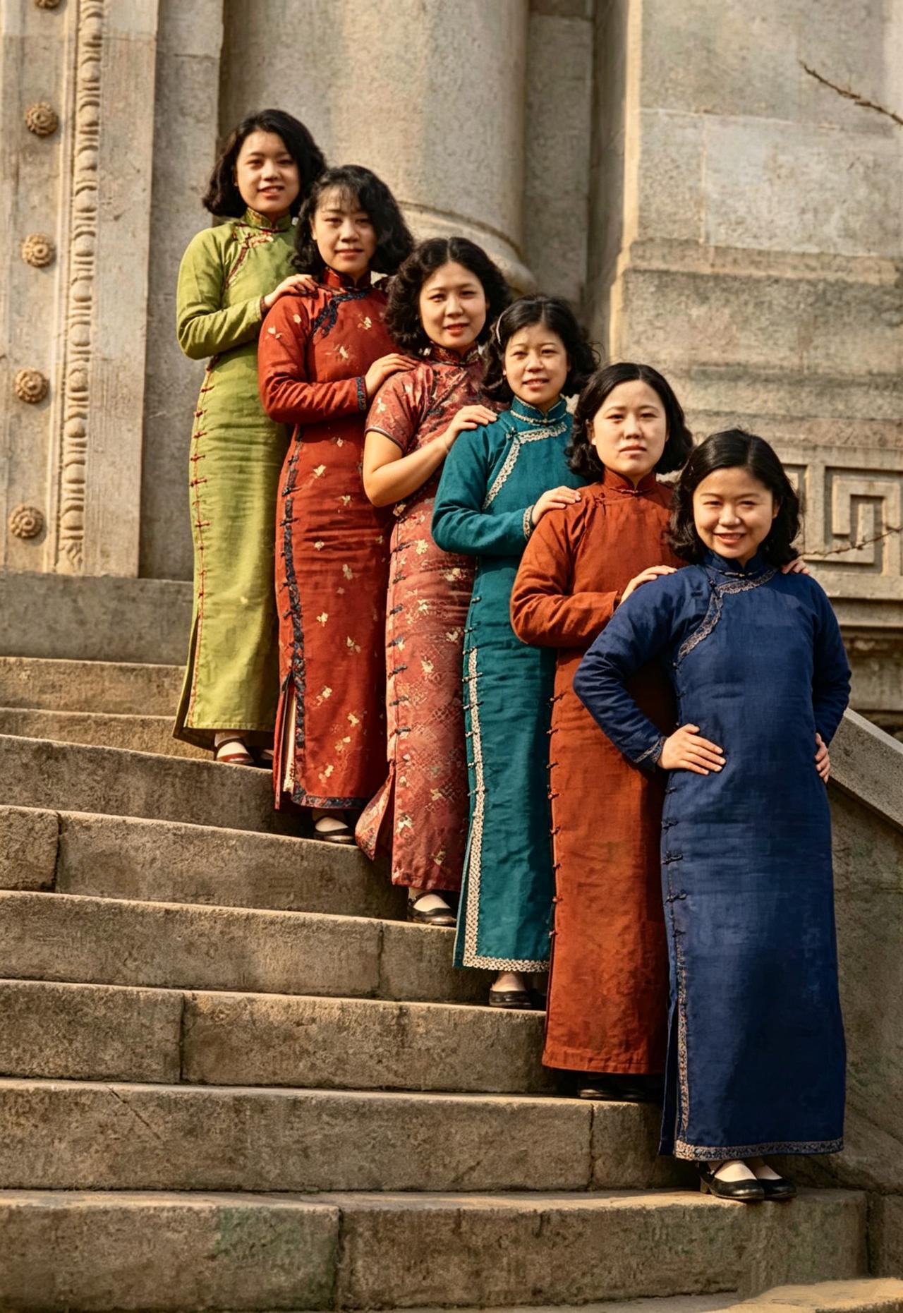 这是1930年代六名女大学生依次站在台阶上。六名女大学生身穿棉长袍，留着短发，看