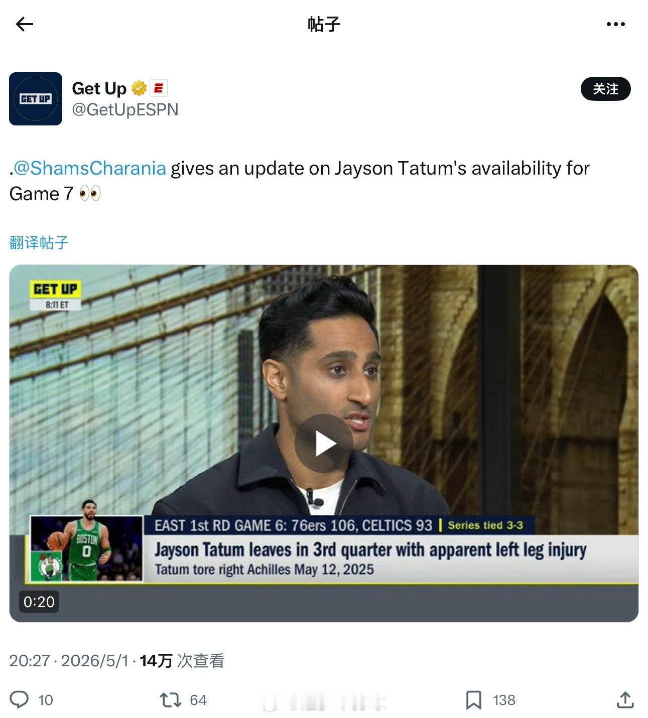 Shams：塔图姆G6腿部出现紧绷不适感，他赛后已经告知队友自己状态无碍、可以登