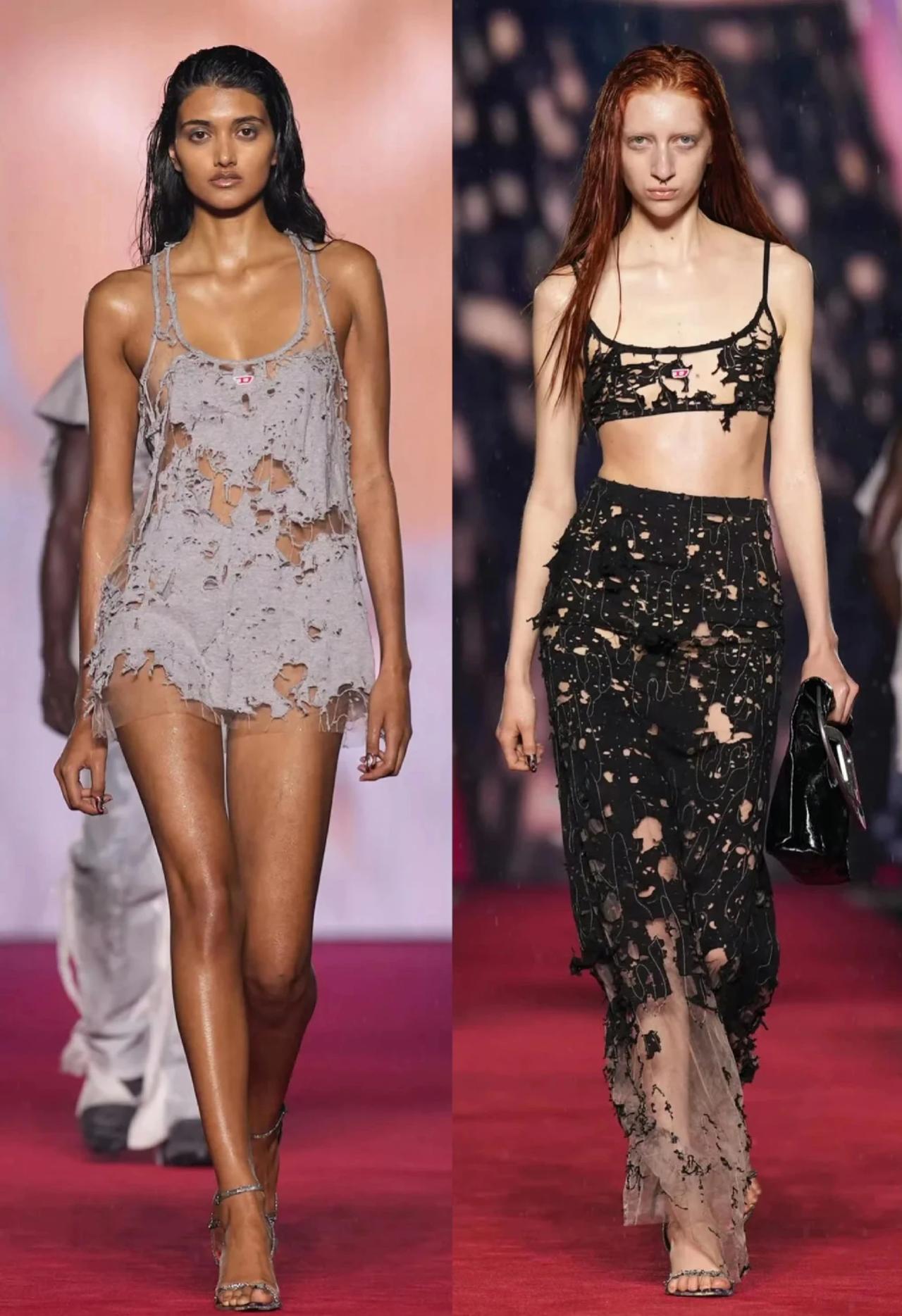 米兰时装周上的模特，
主打一个环保，创意还是挺好的。