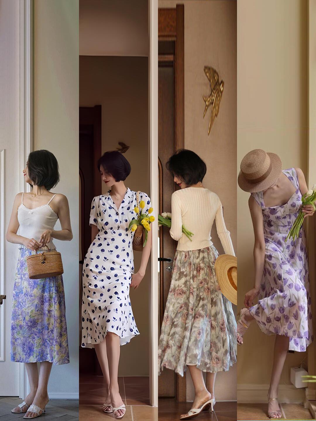 复古裙装合集，主打法式优雅氛围感！
碎花、波点、油画印花连衣裙温柔耐看，深浅紫、