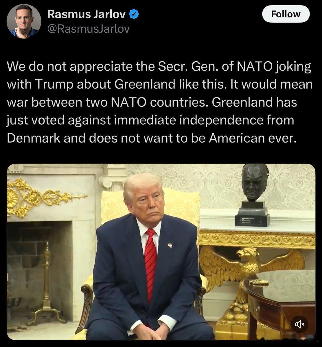 【向美国宣战！！！！！】丹麦国防委员会主席拉斯穆斯·贾洛夫对美国总统唐纳德· J
