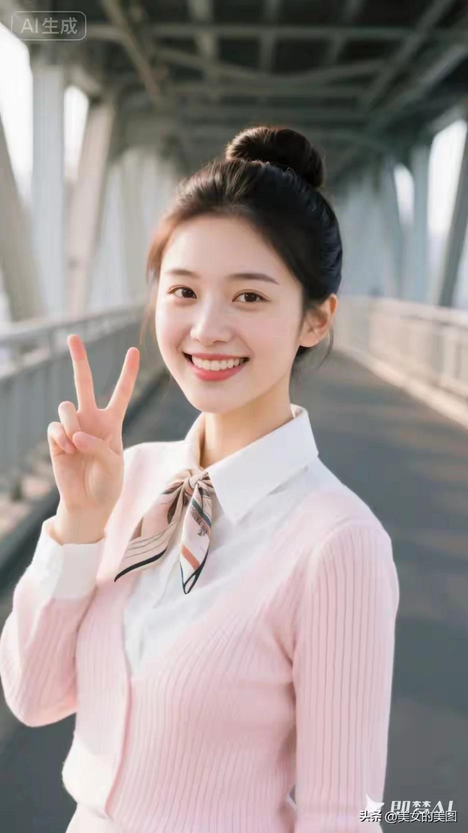 职业女装衬娇容，
一个手势显风情。
花容月貌眉清秀，
眸若秋水映繁星。