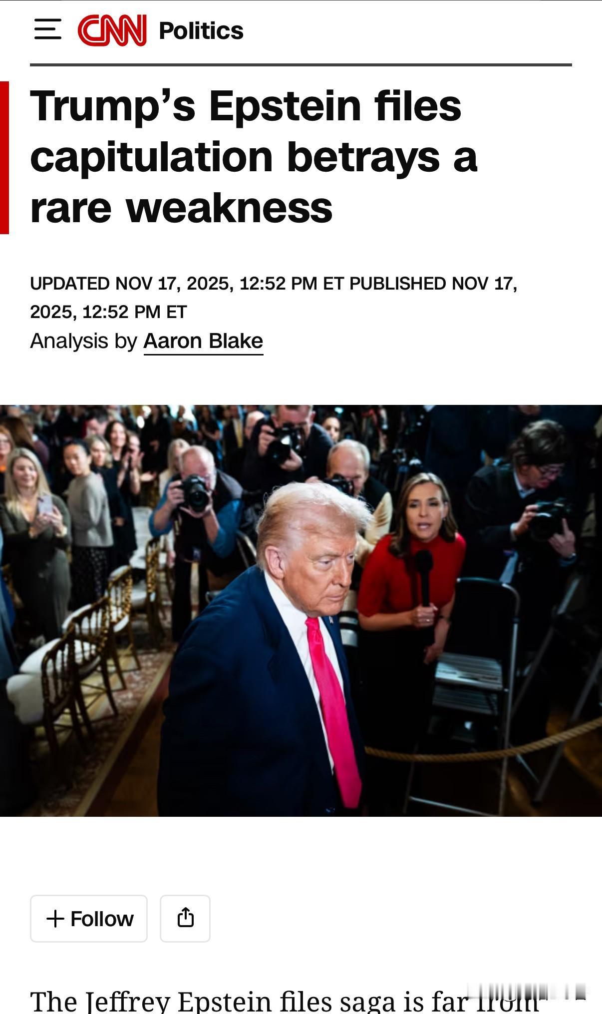 美媒称，川普周日晚突然改变主意，告诉共和党人通过投票公布它们（爱泼斯坦卷宗）。