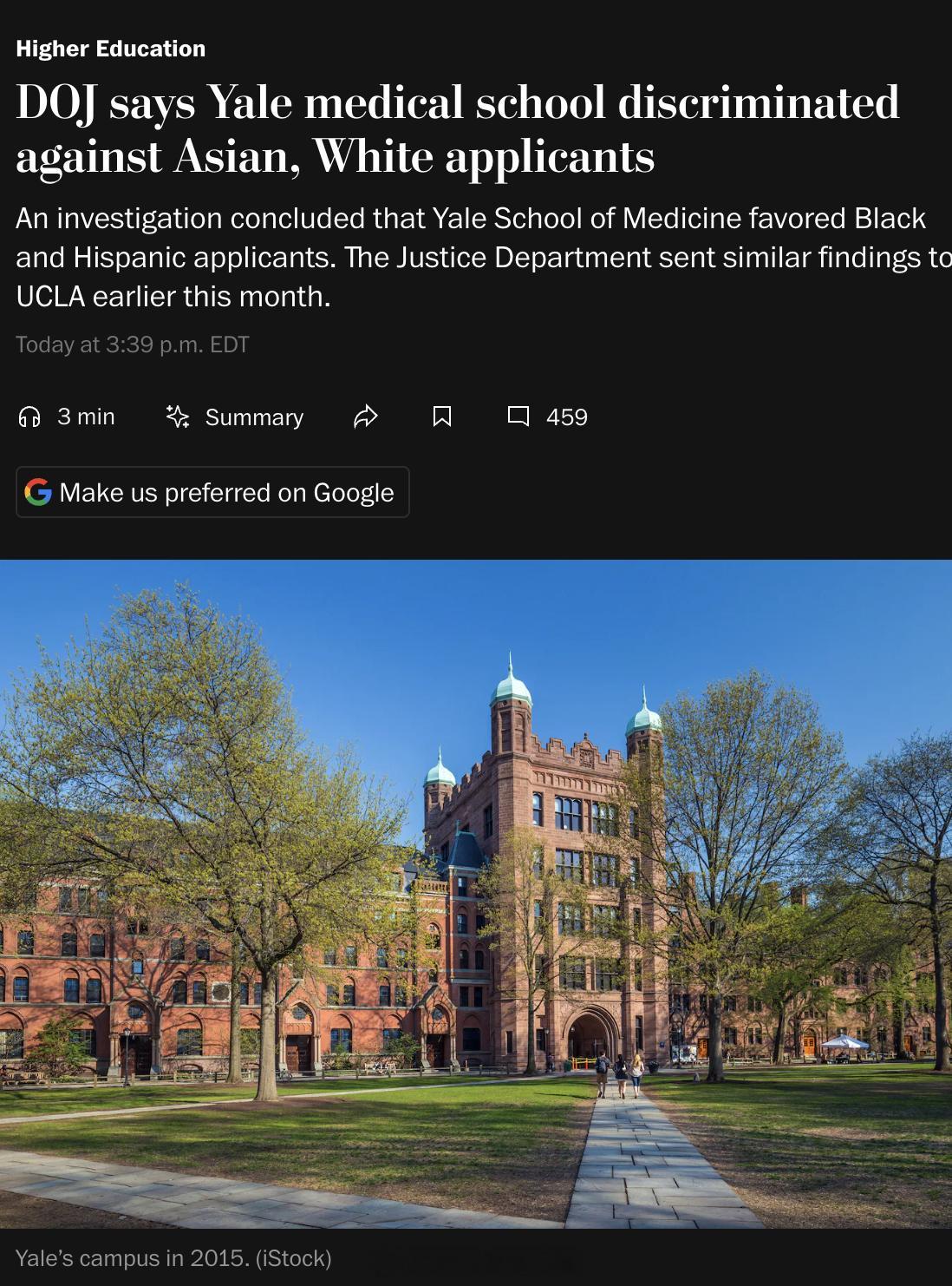 美国司法部在经过一年的调查后于今天宣布，耶鲁大学医学院在招生中存在种族歧视，优待