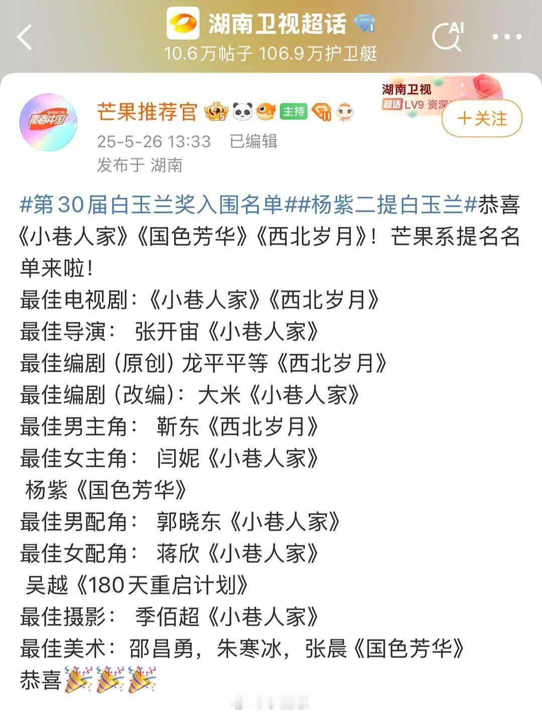 湖南卫视白玉兰提名大赢家真的太多了吧！芒果的剧是不是真的起来了，都是高质量的作品