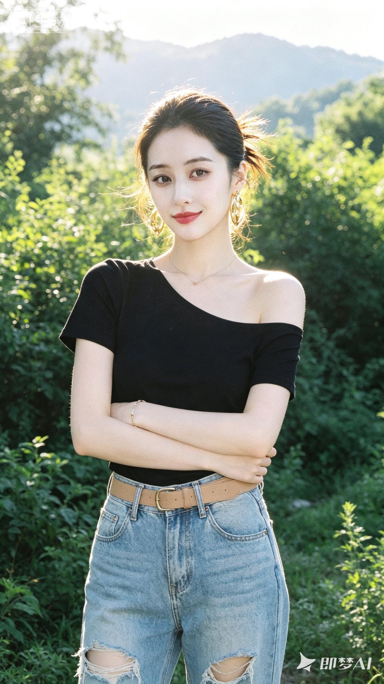 夏日清新穿搭，黑T恤+破洞牛仔裤，轻松自在！🌞👗👖