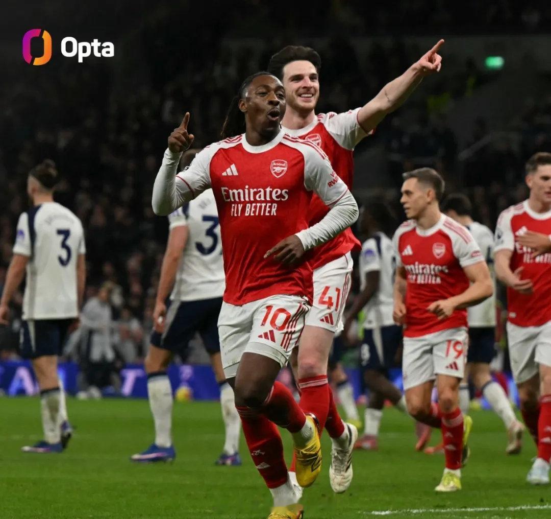 Opta统计，只有皮雷（7）和阿德巴约（6）在英超比赛中代表阿森纳对热刺时比埃泽