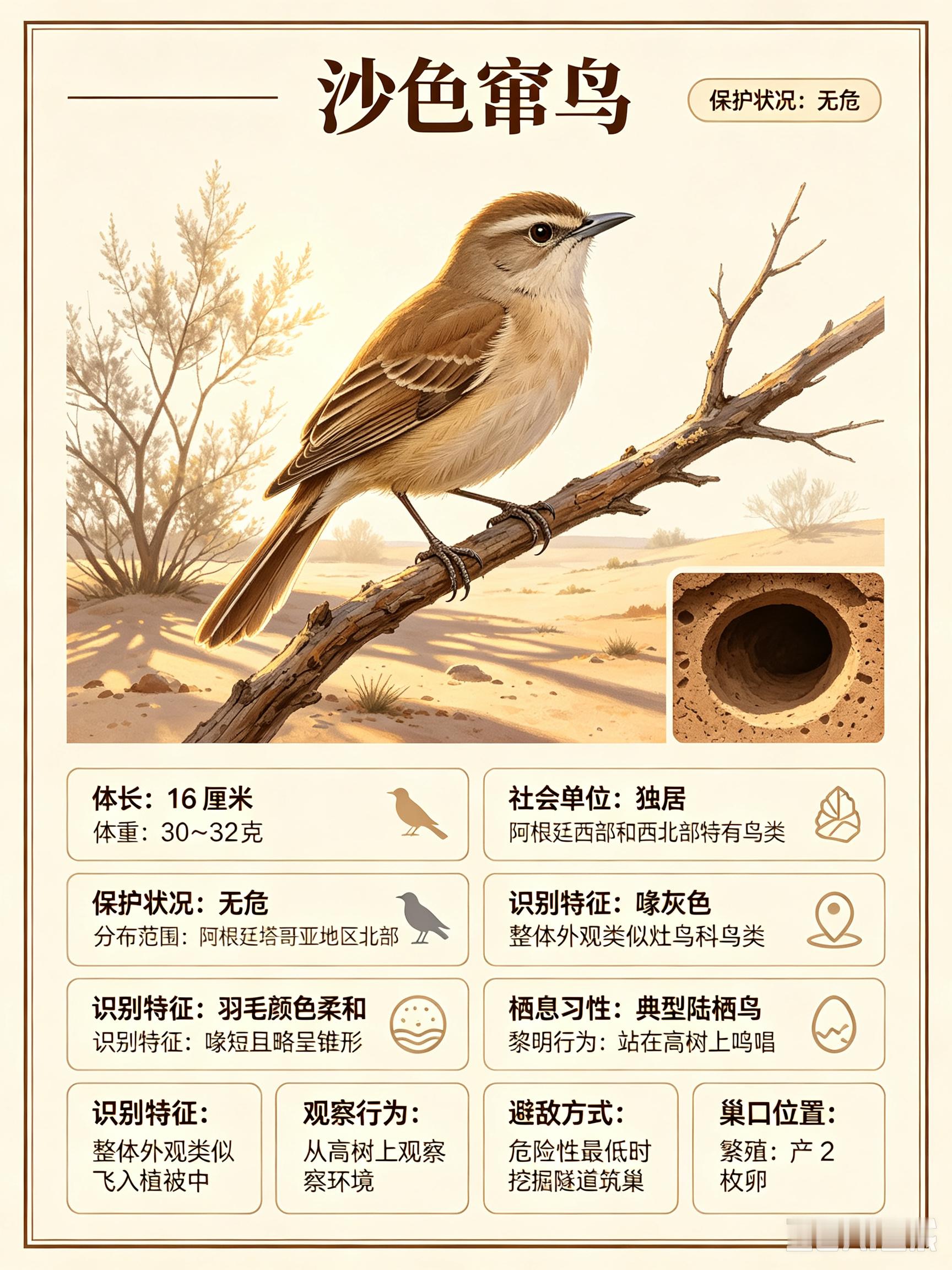 鸟类朋友图鉴 沙色窜鸟体长：16 厘米体重：30~32 克社会单位：独居保护状况