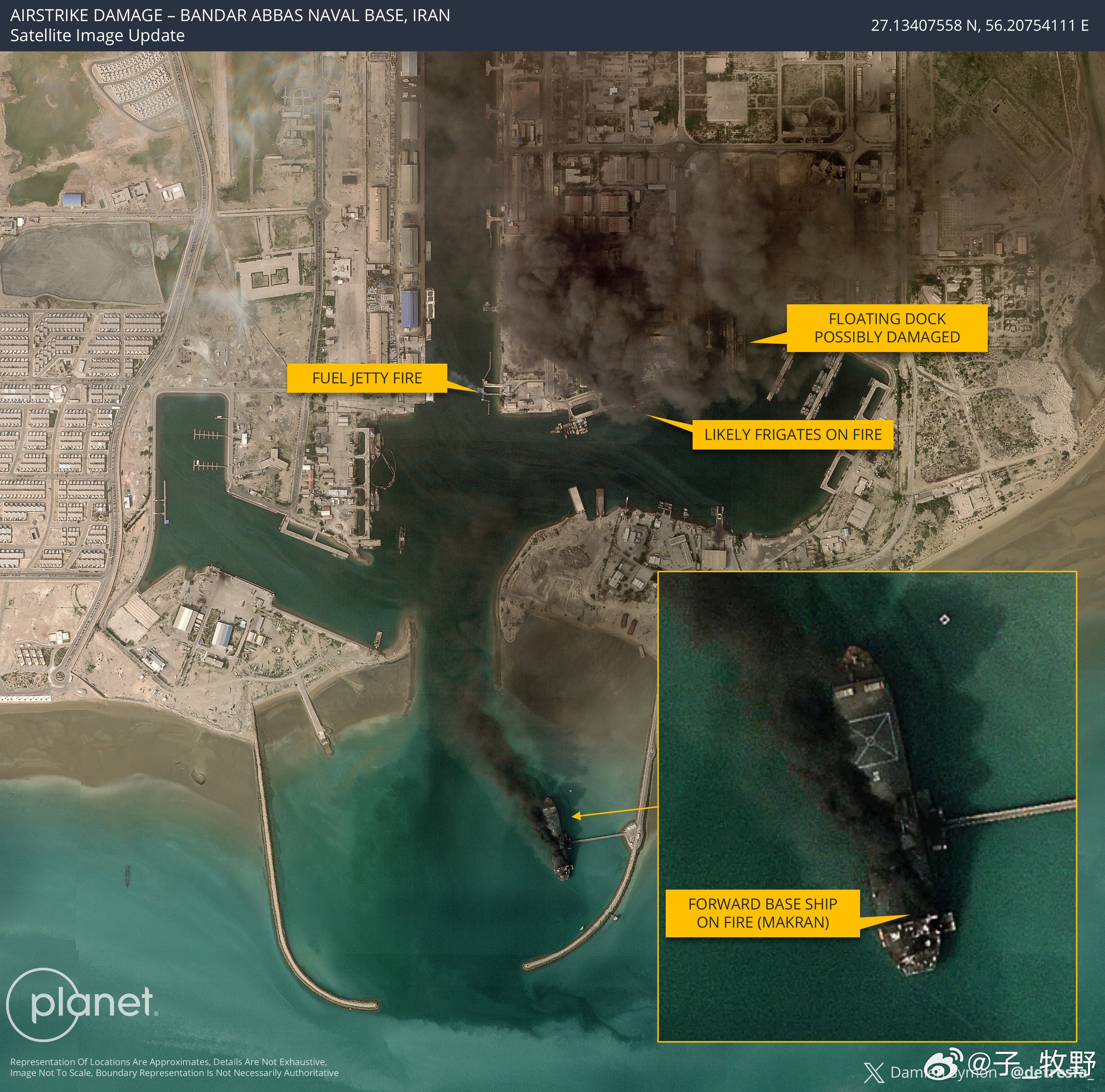 卫星图像显示，伊朗阿巴斯港海军基地遭受空袭，水面舰艇和基地基础设施起火 | 20