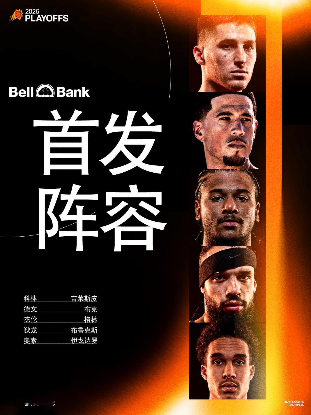 【今天首发阵容 ⚔️】🧡科林-吉莱斯皮💜德文-布克🧡杰伦-格林💜狄龙-布