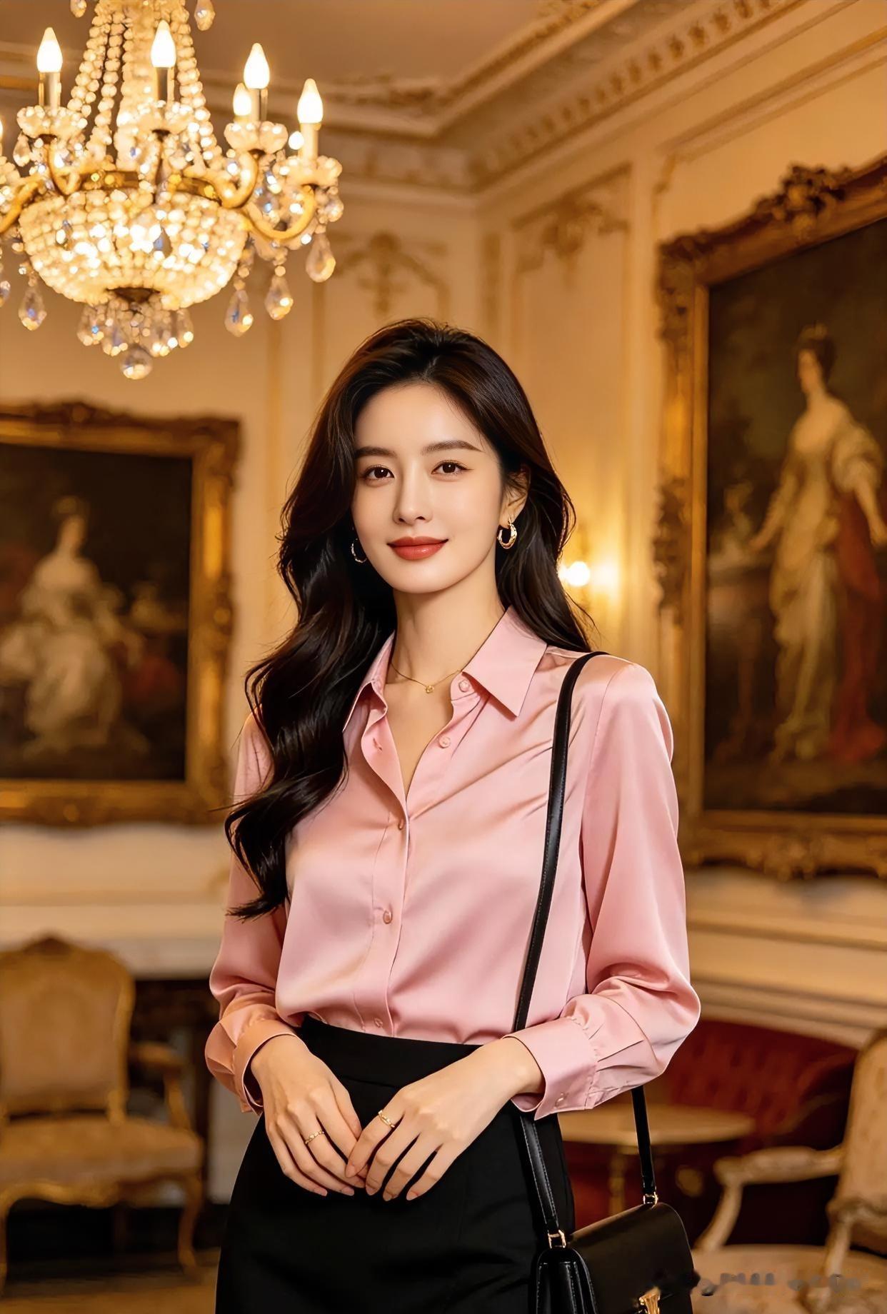散文诗：《粉黛流光》

粉缎衬衫映华灯，卷发红唇笑意盈。

古典画框凝暖光，优雅