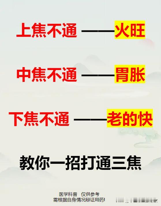 上焦不通 - 火旺；中焦不通 - 胃胀；下焦不通 - 老的快；教你一招打通三焦
