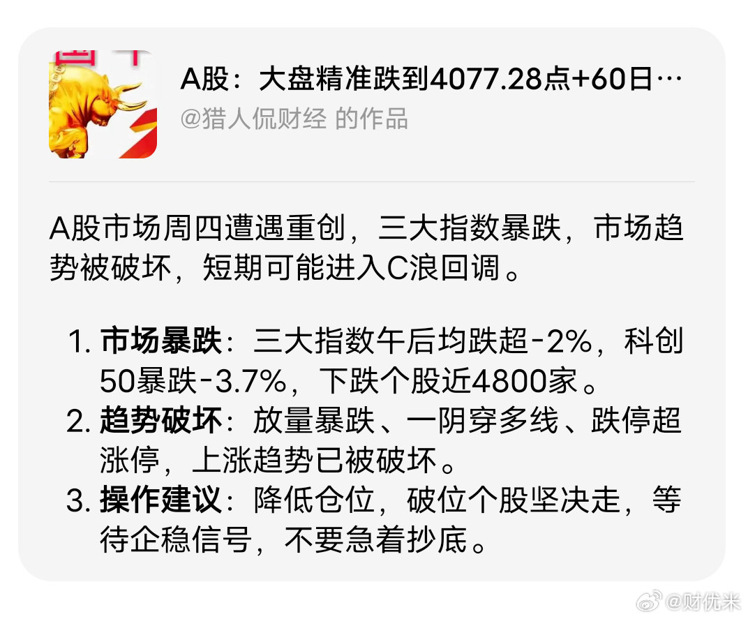 A股：大盘精准跌到4077.28点+60日线，不出意外，明天行情这么走2.5亿股