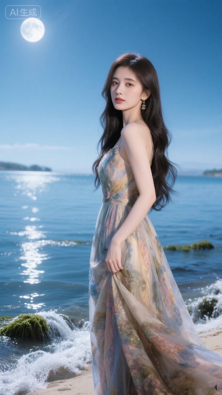 月光下的梦幻仙境，唯美少女与海浪共舞