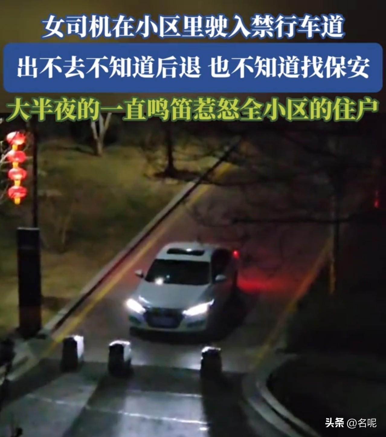 大半夜，一女司机在小区里驶入禁行车道，就对着石墩长按喇叭，这是想叫醒石墩给她让路