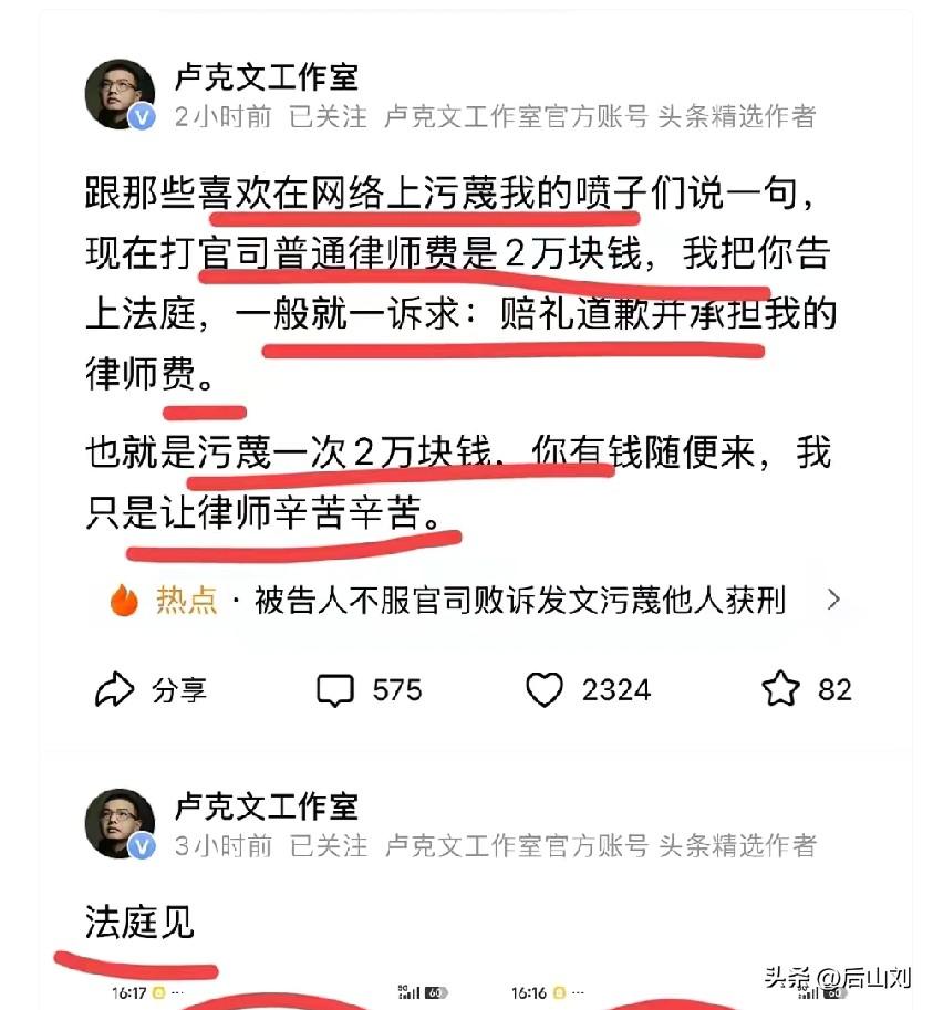 太逗了！大v对他的黑粉们出价格了，侮辱一次2万块钱。
刚刚刷到卢克文发说要起诉污
