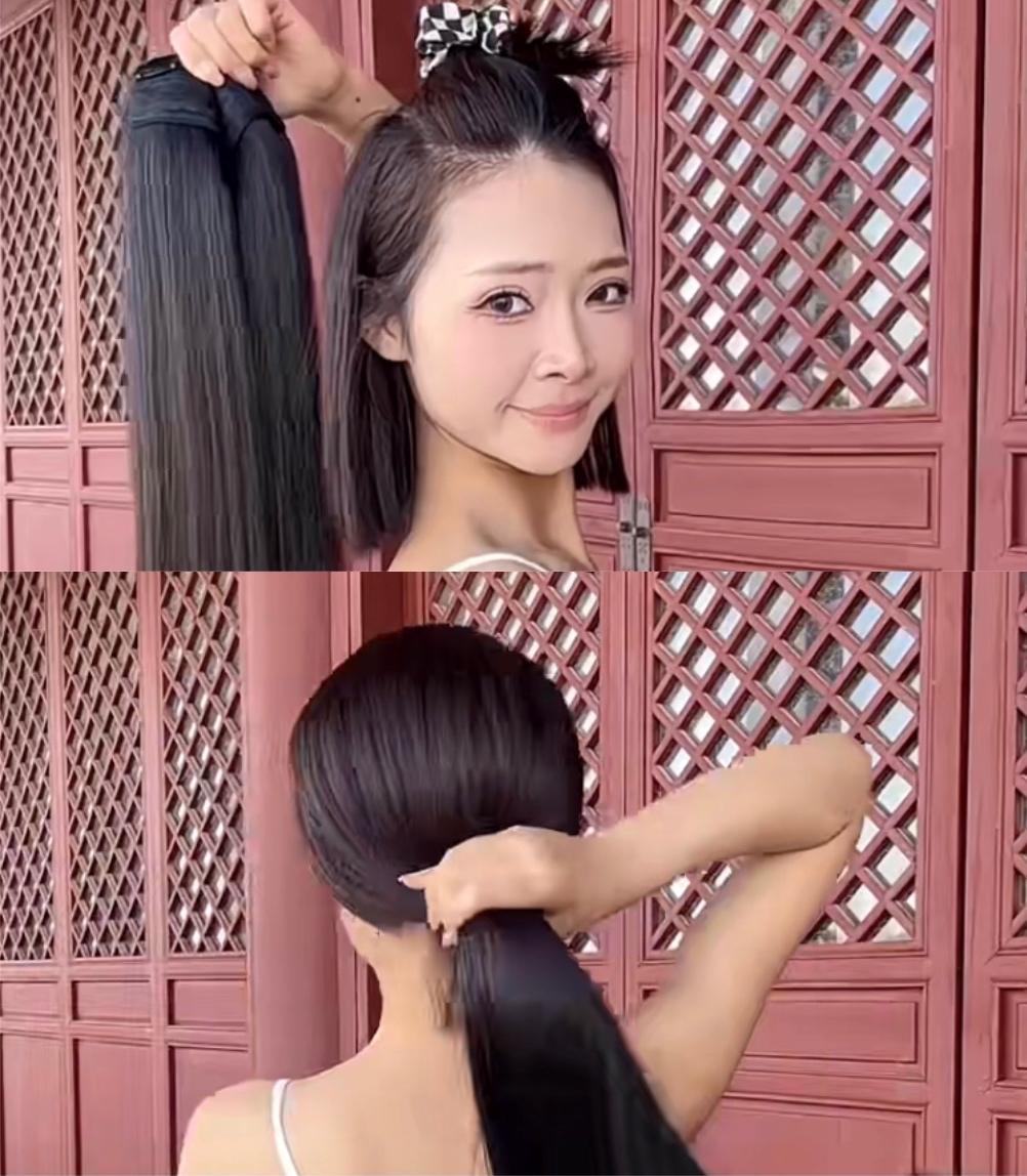 女明星的发量都是这么来的吗？
现实中实用吗？
把自己的头发梳起个揪儿，
假发蒙面
