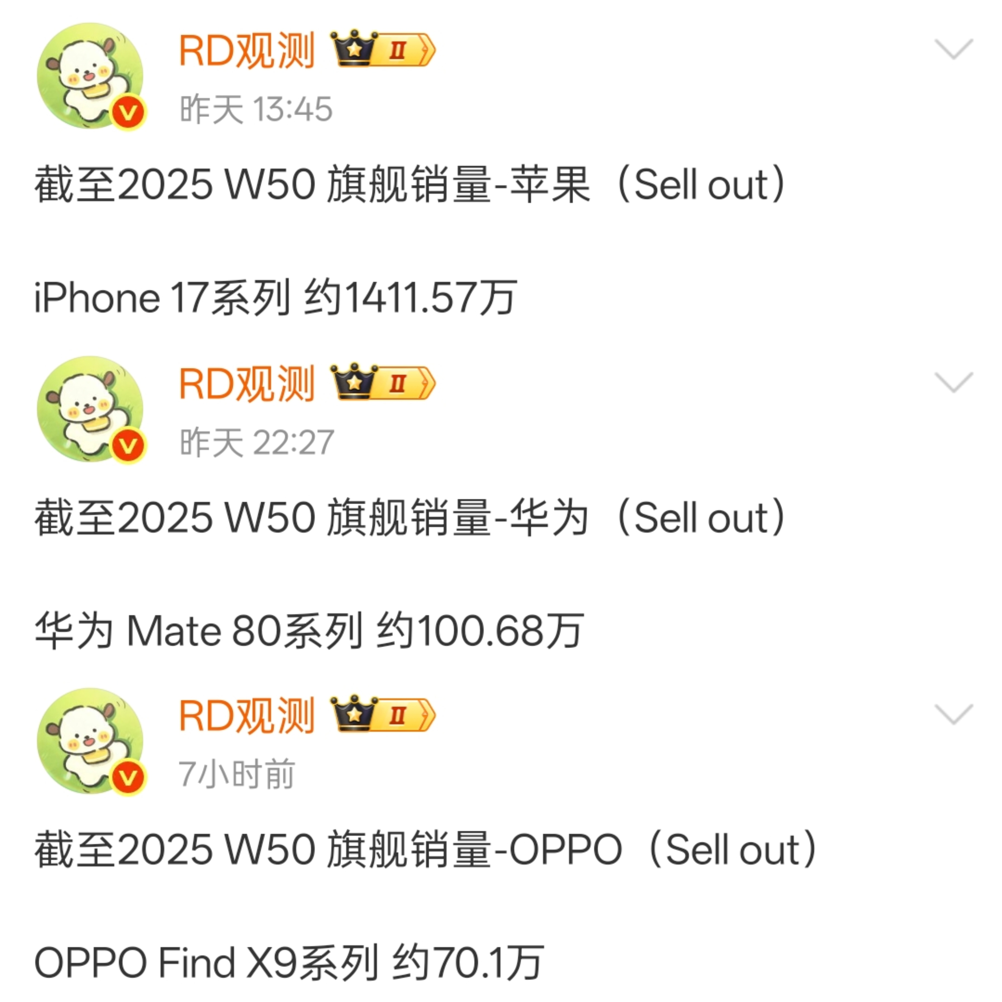 据RD观测公布各家旗舰销量数据如下，感觉如何？iPhone 17系列 约1141