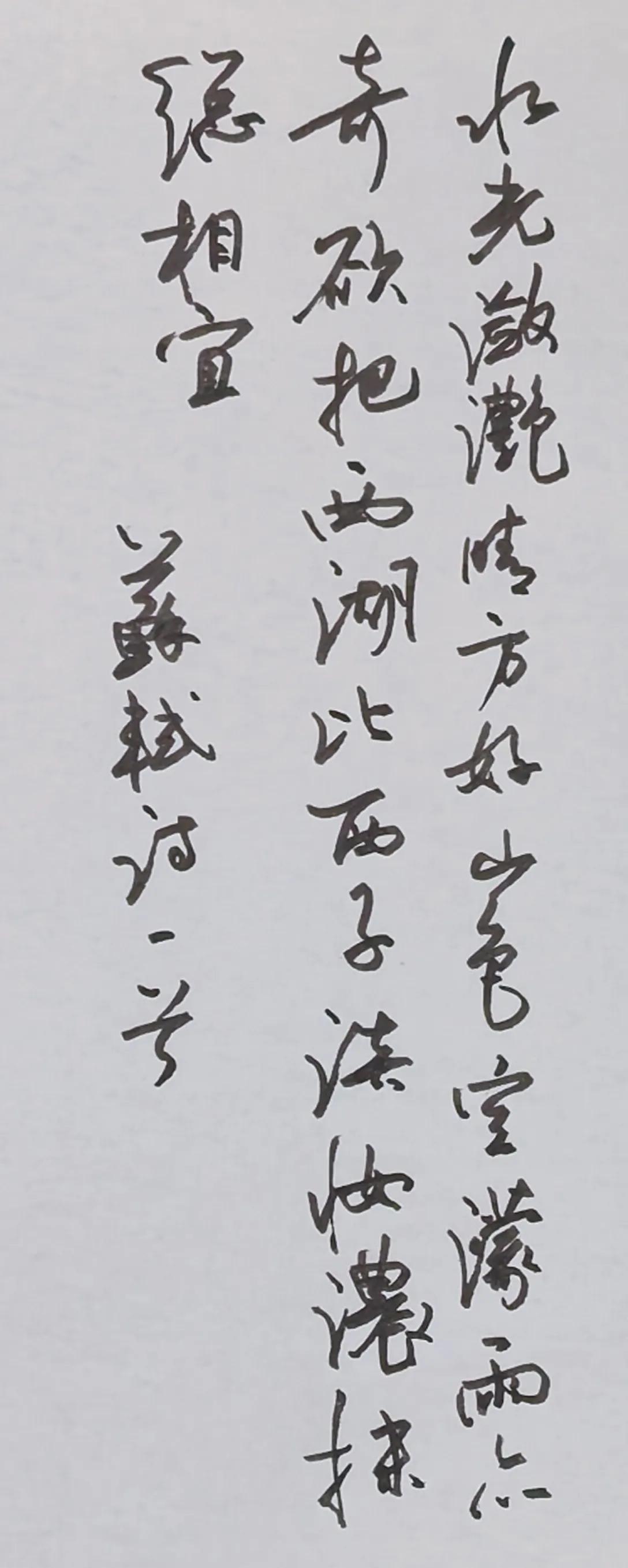 美工钢笔抄写
苏轼《饮湖上初晴后雨》
水光潋滟晴方好，山色空蒙雨亦奇。
欲把西湖